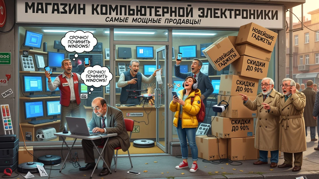 Изометрическая витрина с системным блоком, клавиатурой, кабелями и коробкой