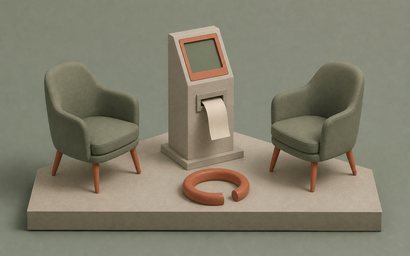 Два пустых терапевтических кресла, автомат электронной очереди и незамкнутое кольцо