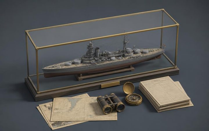 Музейная витрина с моделью линкора, морскими картами, биноклем и компасом