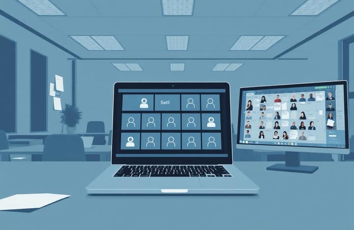 Опен-спейс и ноутбук с сеткой выключенных камер на созвоне
